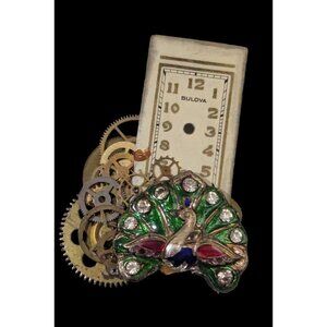 Steampunk Assemblage Brooch Watch Face Gears Enamel Peacock Crystal Pin Gold Ton